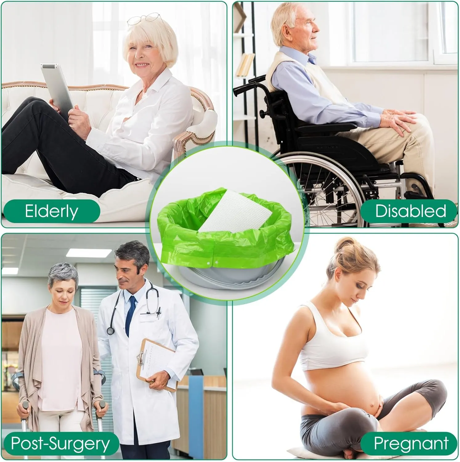 Bedside Commode Liners with Absorbent Pads,100 Disposable Commode Bags and 100 Pads, Scented Adult Potty Chair Liners, Portable Commode Poop Bags for Commode Chair, Bedpan, Bucket Toilet