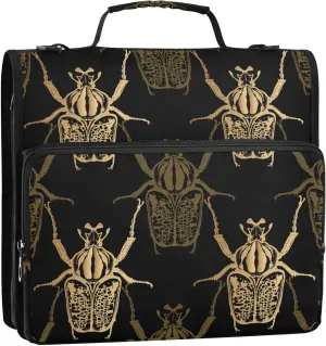 Beetle Gold Insect Zipper Binder, 1.5 inch 3 Ring Binder Organizer Bag with Shoulder Strap and Handle, 500 Sheet Capacity