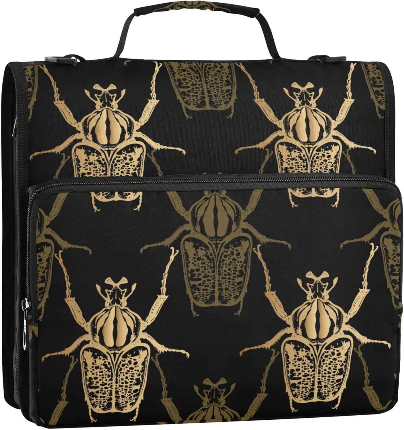 Beetle Gold Insect Zipper Binder, 1.5 inch 3 Ring Binder Organizer Bag with Shoulder Strap and Handle, 500 Sheet Capacity