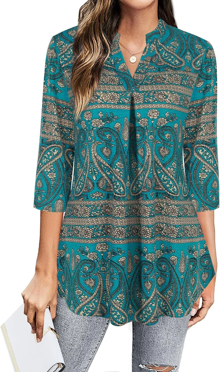 BEPEI Womens Tops Dressy Casual 3/4 Sleeve Blouses V Neck Business Work Shirts