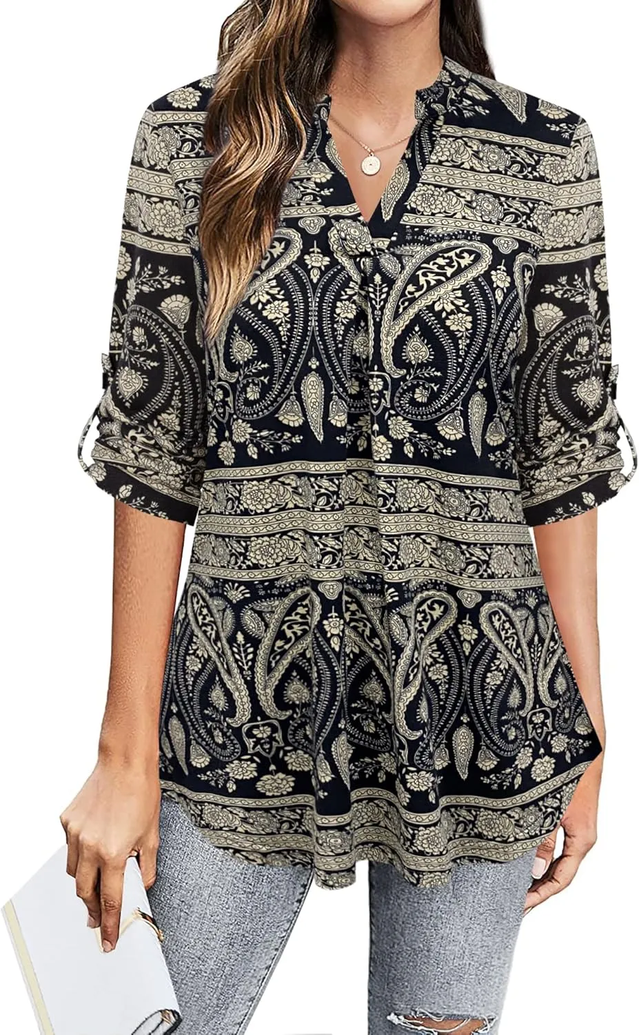 BEPEI Womens Tops Dressy Casual 3/4 Sleeve Blouses V Neck Business Work Shirts
