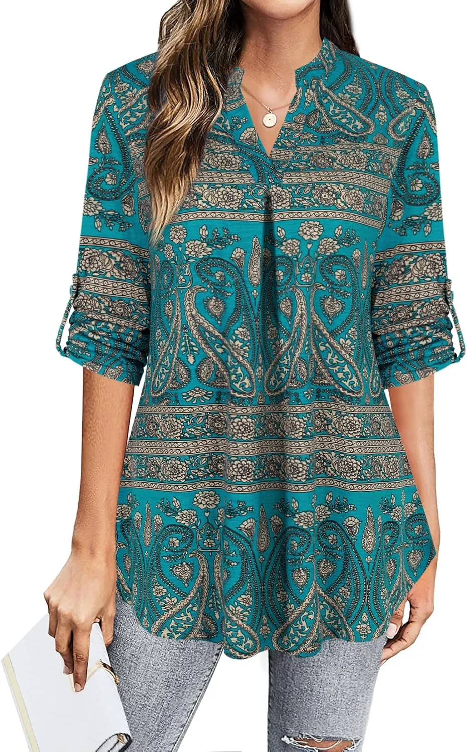 BEPEI Womens Tops Dressy Casual 3/4 Sleeve Blouses V Neck Business Work Shirts