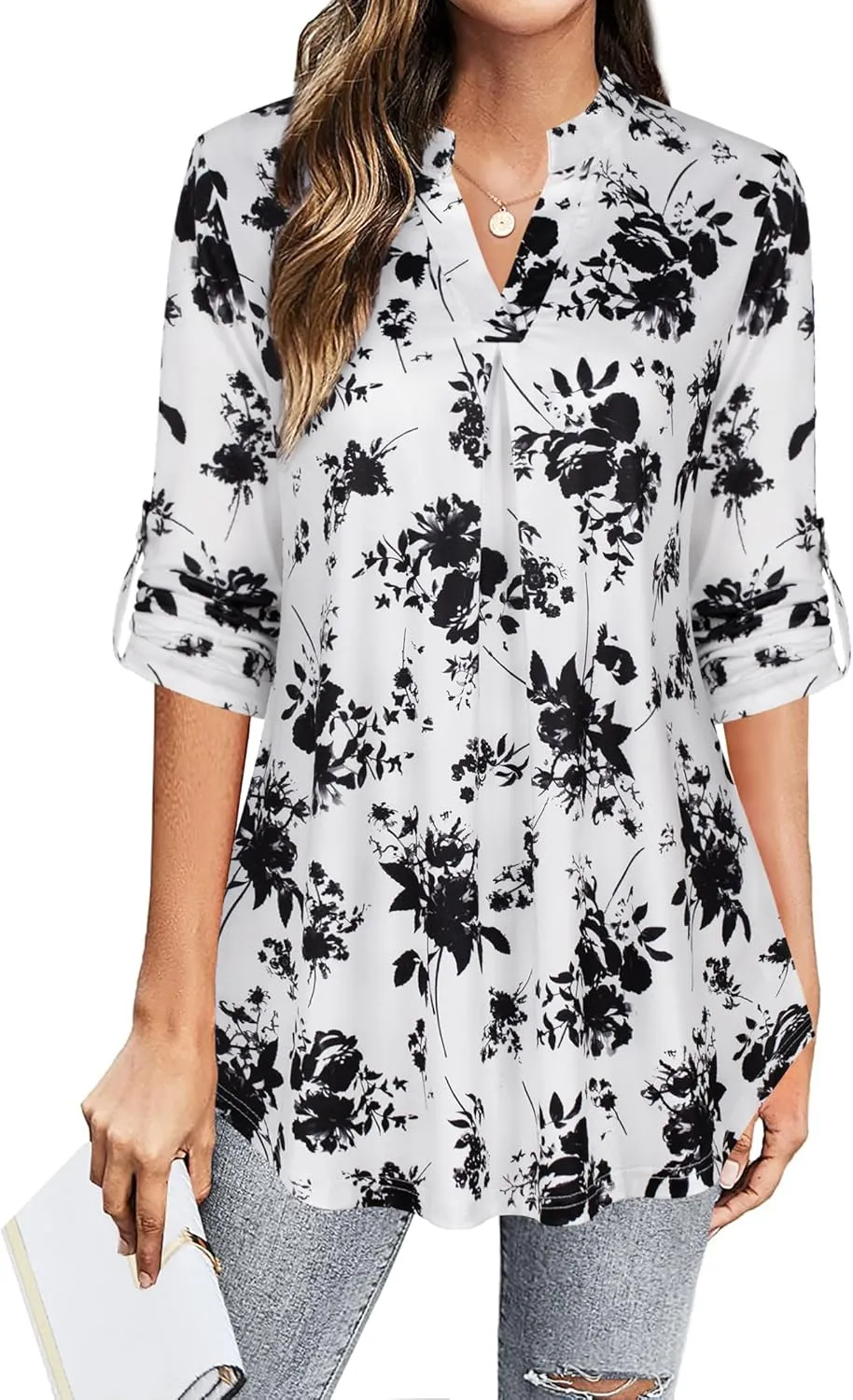 BEPEI Womens Tops Dressy Casual 3/4 Sleeve Blouses V Neck Business Work Shirts