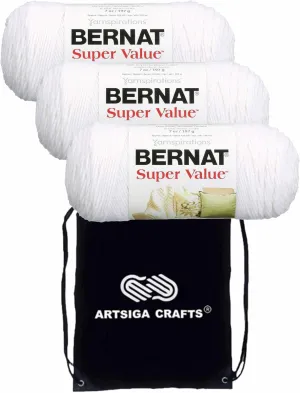 Bernat Super Value Solid White 164053-7391 (3-Skeins - Same Dye Lot) Worsted Medium #4 Acrylic Yarn for Crocheting and Knitting with Project Bag