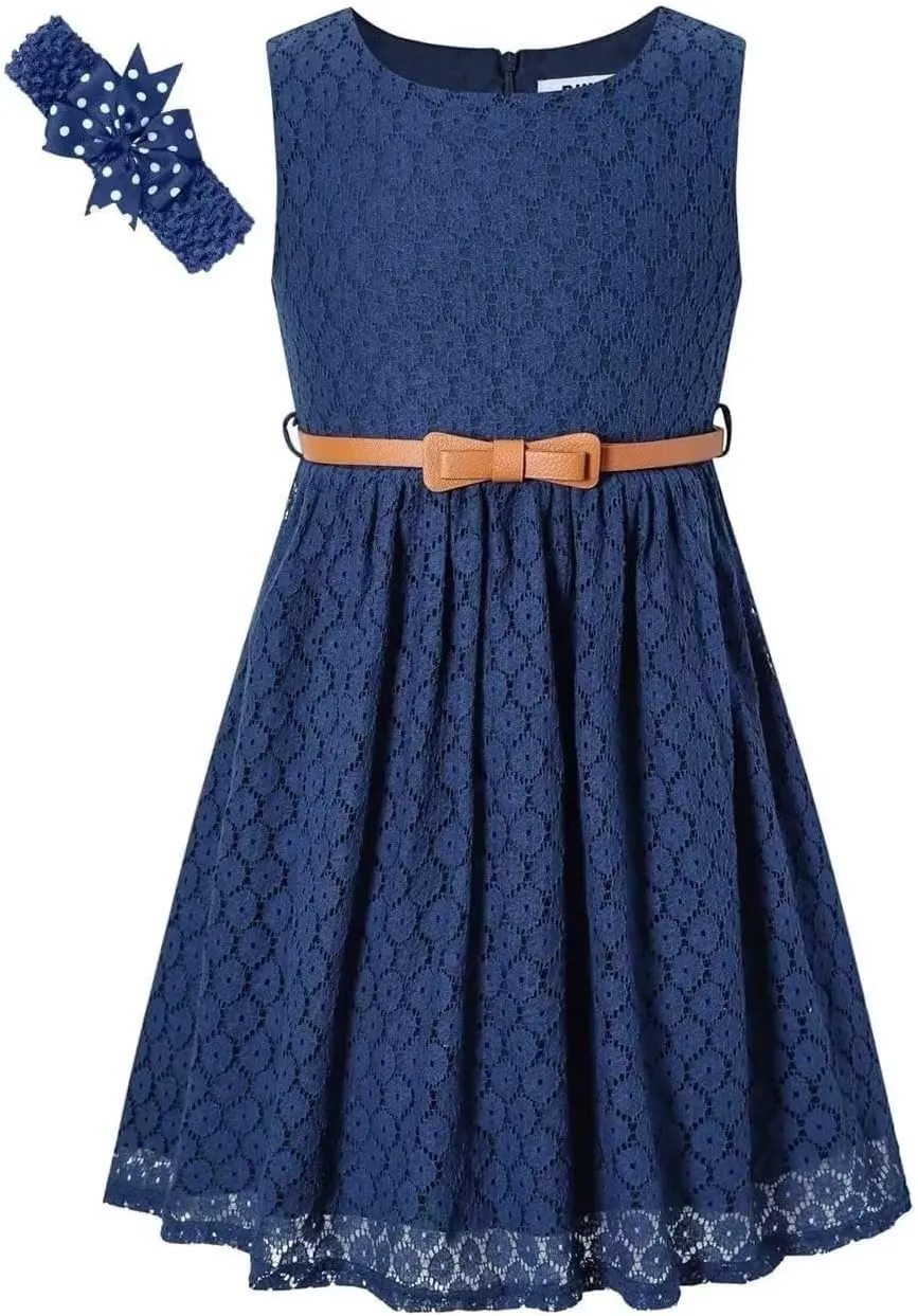 BINPAW Girls Sleeveless Flower Lace Dress for Wedding with Belt