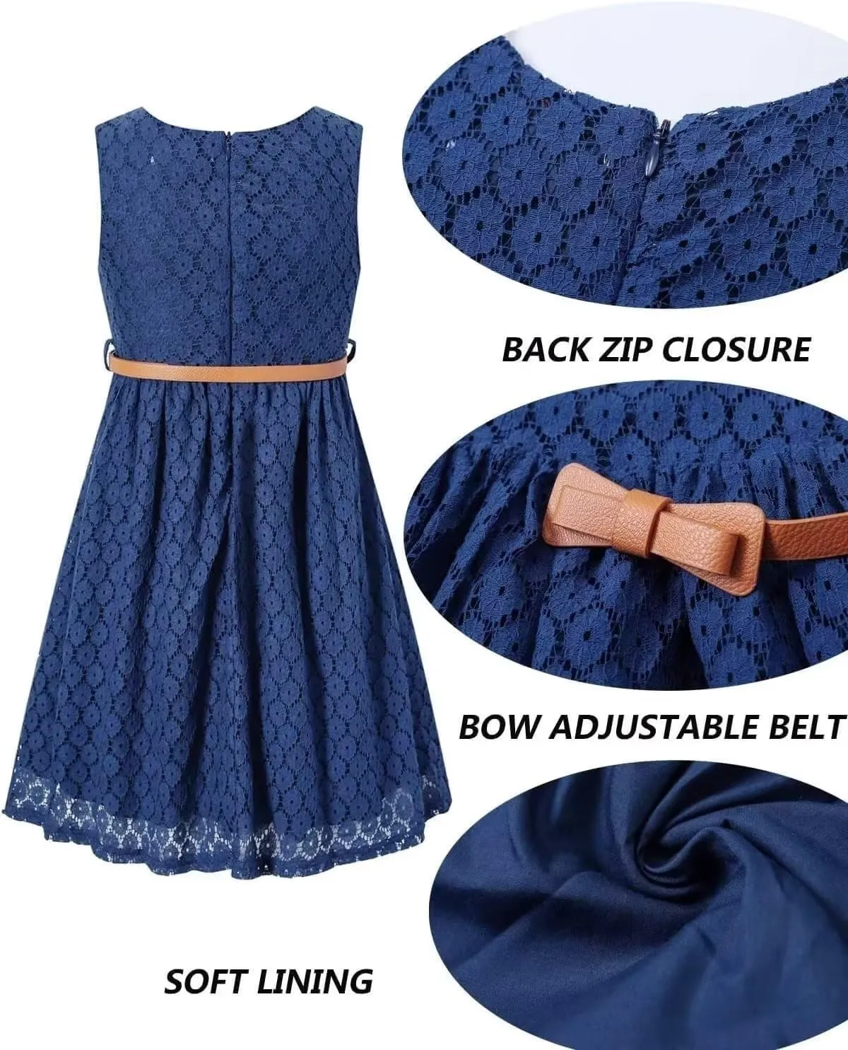 BINPAW Girls Sleeveless Flower Lace Dress for Wedding with Belt