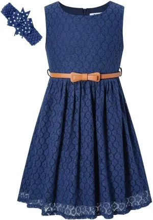 BINPAW Girls Sleeveless Flower Lace Dress for Wedding with Belt