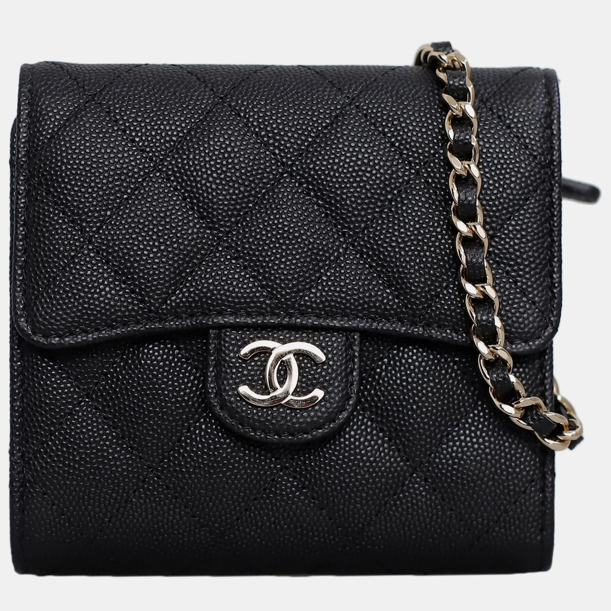 Black Caviar Leather Chain Clutch
