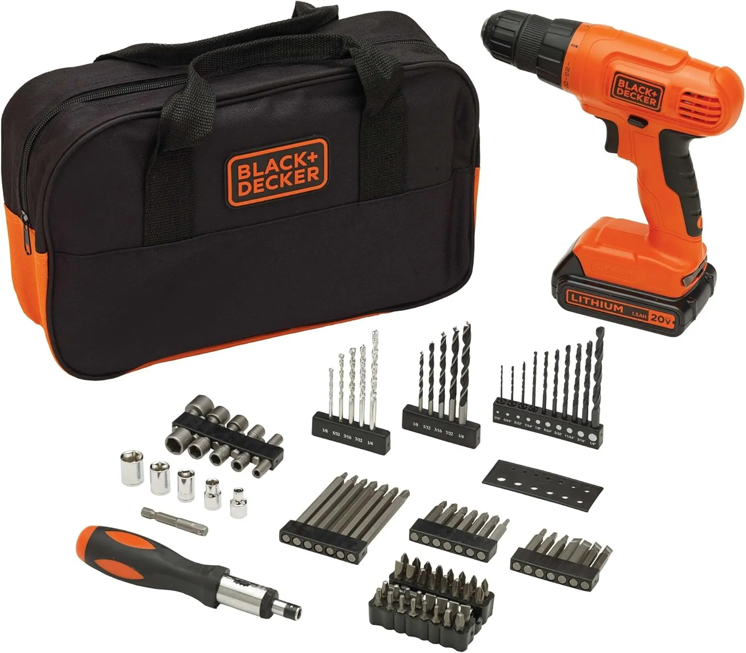 BLACK DECKER 20V MAX* POWERCONNECT Cordless Drill Kit   100 pc. Kit (BDC120VA100), Orange