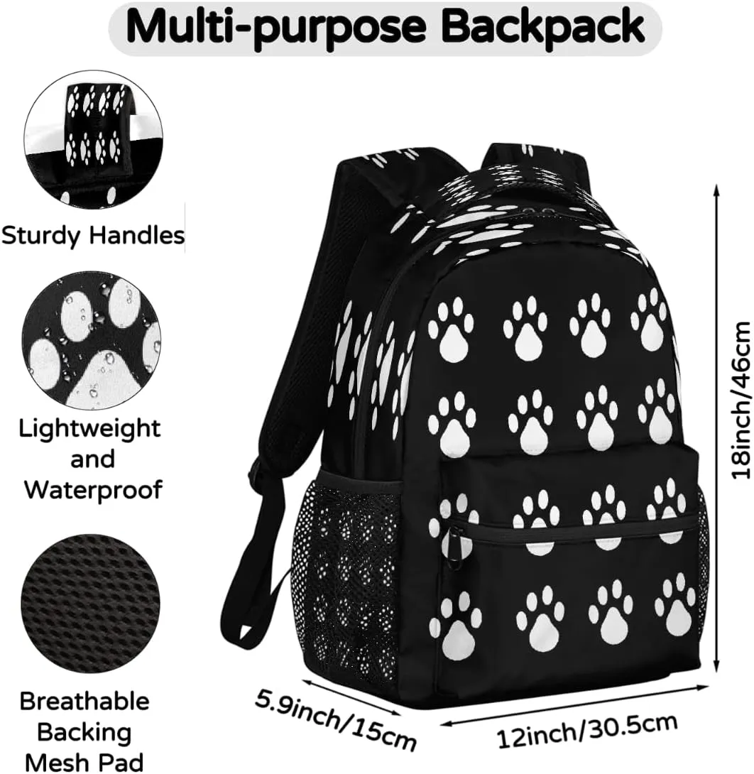 Black Paw Print Travel Backpack, Large 16 Inch Laptop Bookbag Lightweight Carry-On Bag for Business Travel & Hiking