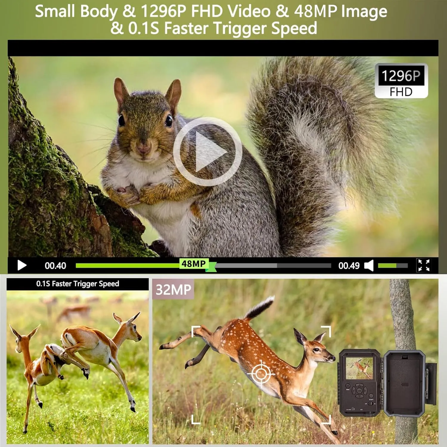 BLAZEVIDEO 48MP 1296P WiFi Trail & Game Camera with 0.1s Trigger Speed No Glow Night Vision Motion Activated IP66 Waterproof Wireless Hunting Cam with App for Wildlife Hunting, Yard Security