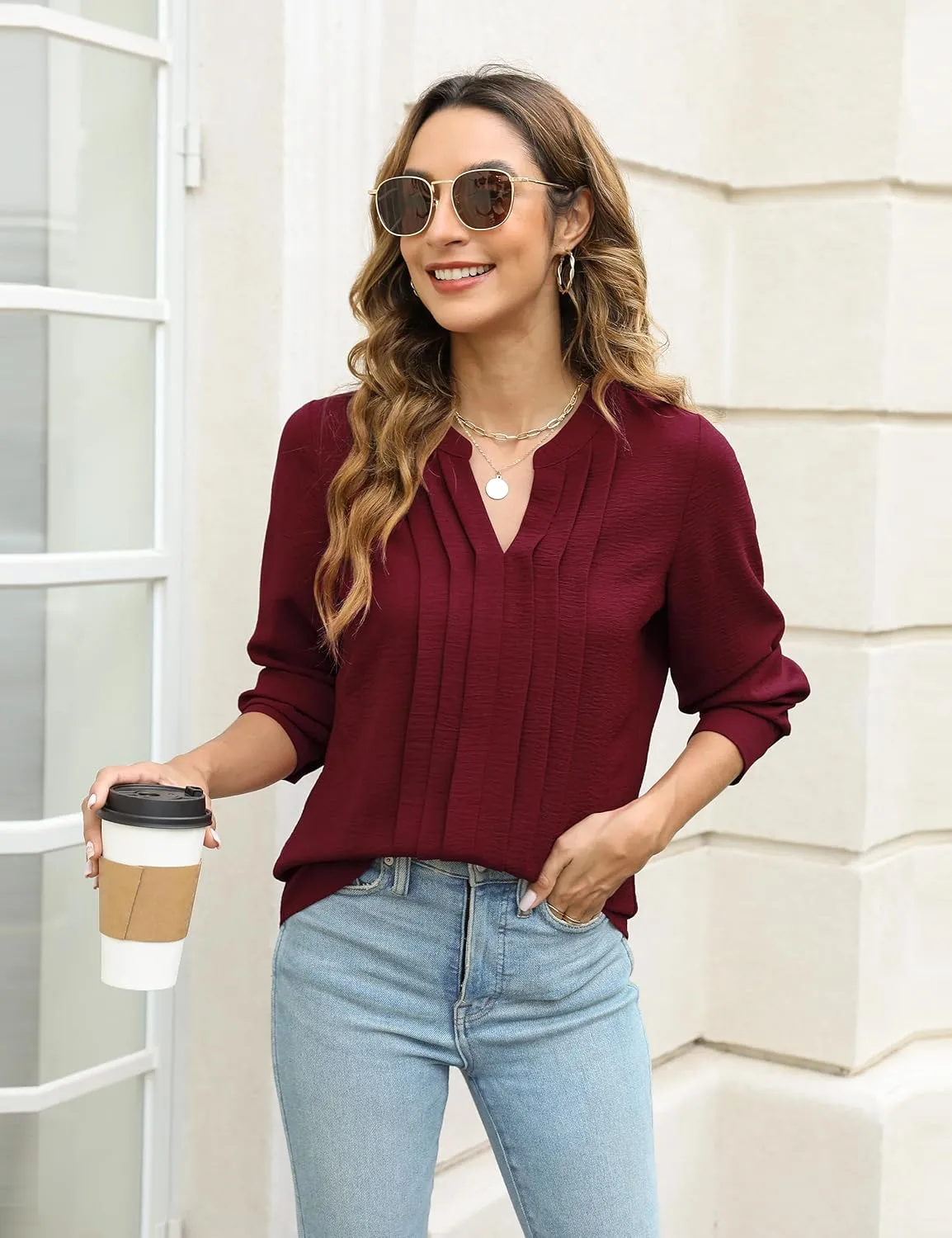 Blooming Jelly Women's Dressy Casual Blouses Business Work Tops Long Sleeve V Neck Pleated Shirts 2025 Fall Outfits