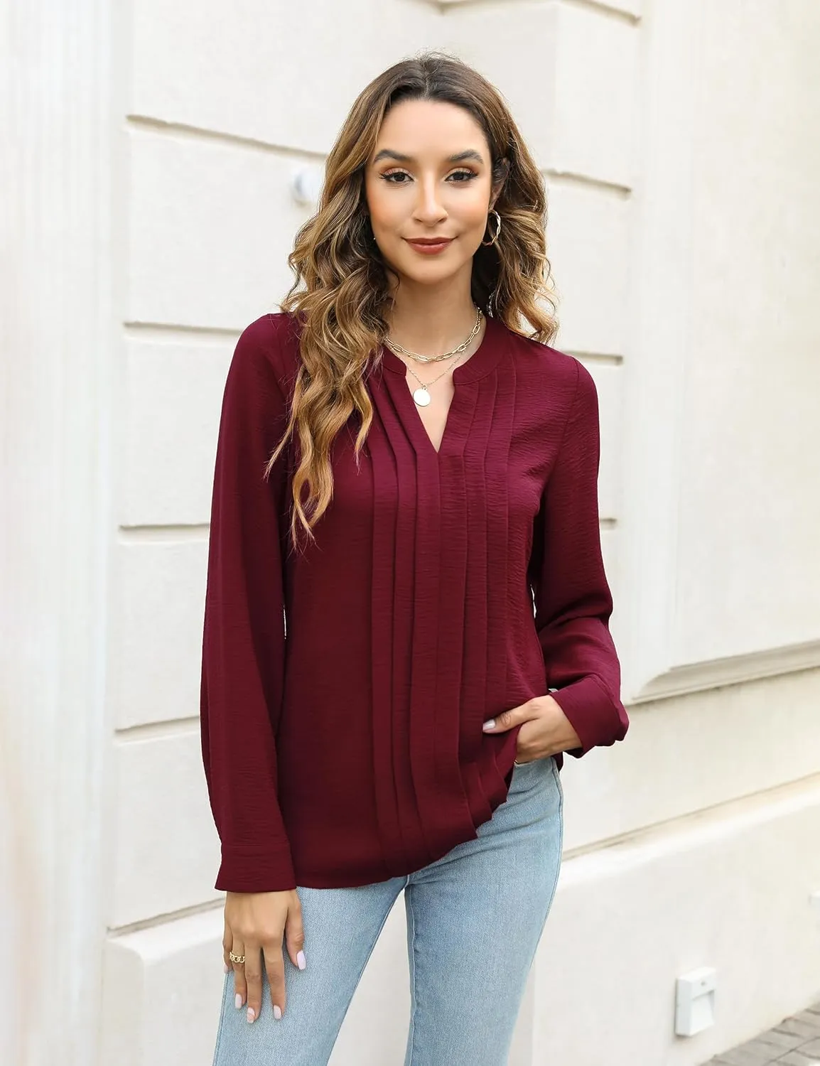 Blooming Jelly Women's Dressy Casual Blouses Business Work Tops Long Sleeve V Neck Pleated Shirts 2025 Fall Outfits