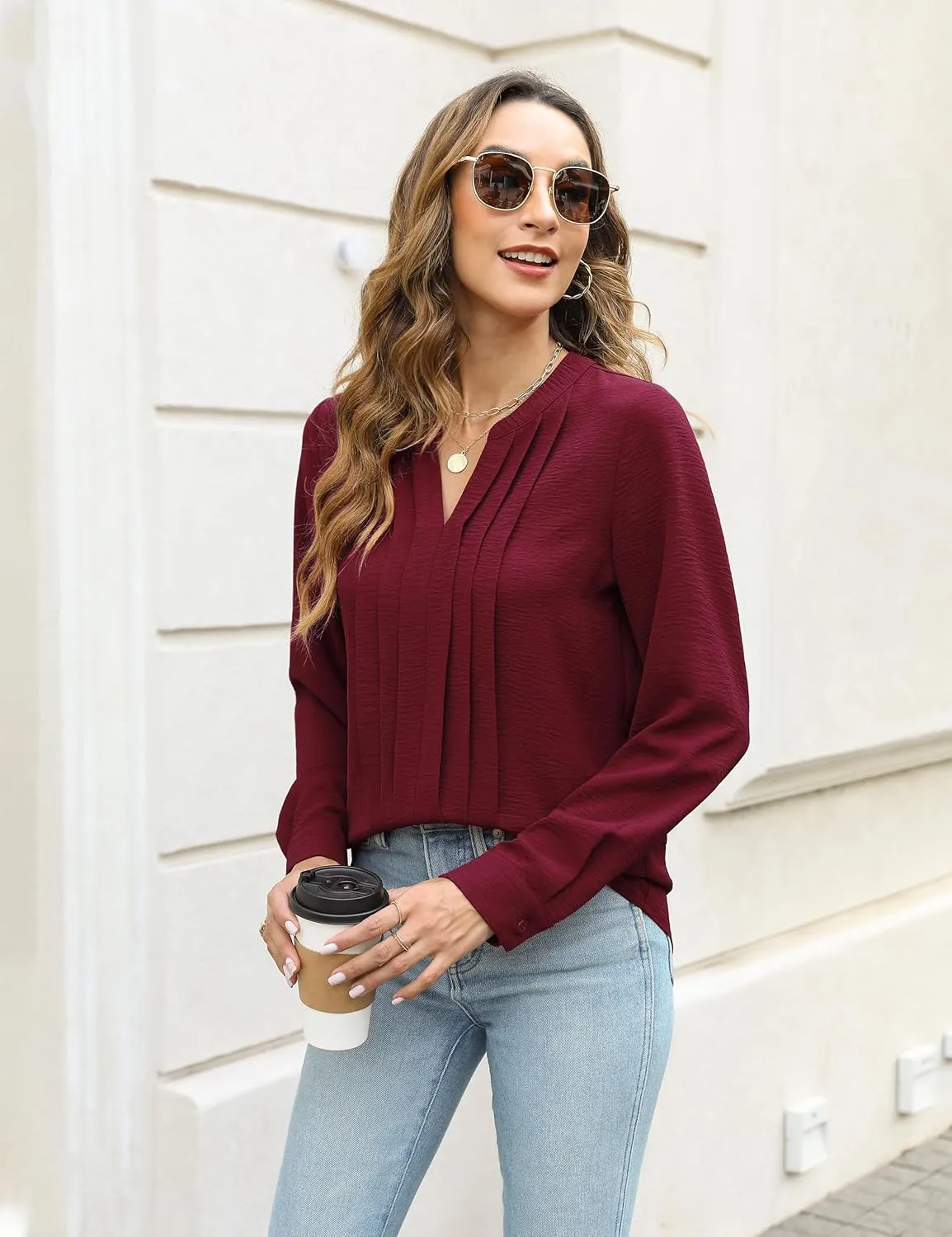 Blooming Jelly Women's Dressy Casual Blouses Business Work Tops Long Sleeve V Neck Pleated Shirts 2025 Fall Outfits