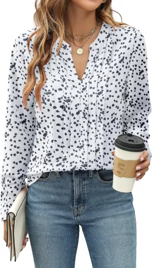 Blooming Jelly Women's Dressy Casual Blouses Business Work Tops Long Sleeve V Neck Pleated Shirts 2025 Fall Outfits