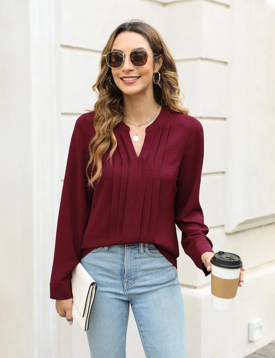 Blooming Jelly Women's Dressy Casual Blouses Business Work Tops Long Sleeve V Neck Pleated Shirts 2025 Fall Outfits