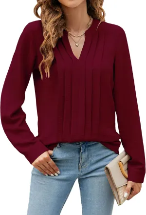 Blooming Jelly Women's Dressy Casual Blouses Business Work Tops Long Sleeve V Neck Pleated Shirts 2025 Fall Outfits
