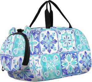 Blue and Teal Tiles Duffel Bags for Boys Small Gym Bags for Teens Dance Bag for Girls