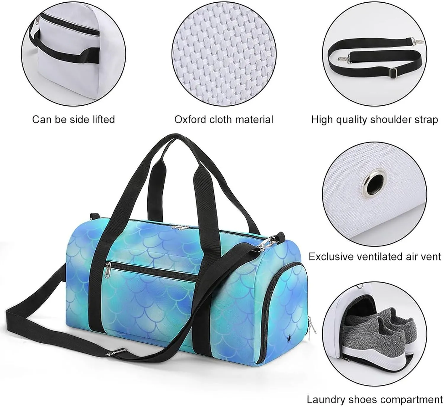 Blue Fish Skin Pattern Water Resistant Gym Bag with Shoe Compartment, Travel Duffel Tote Bag Weekender Overnight Bag for Women Men