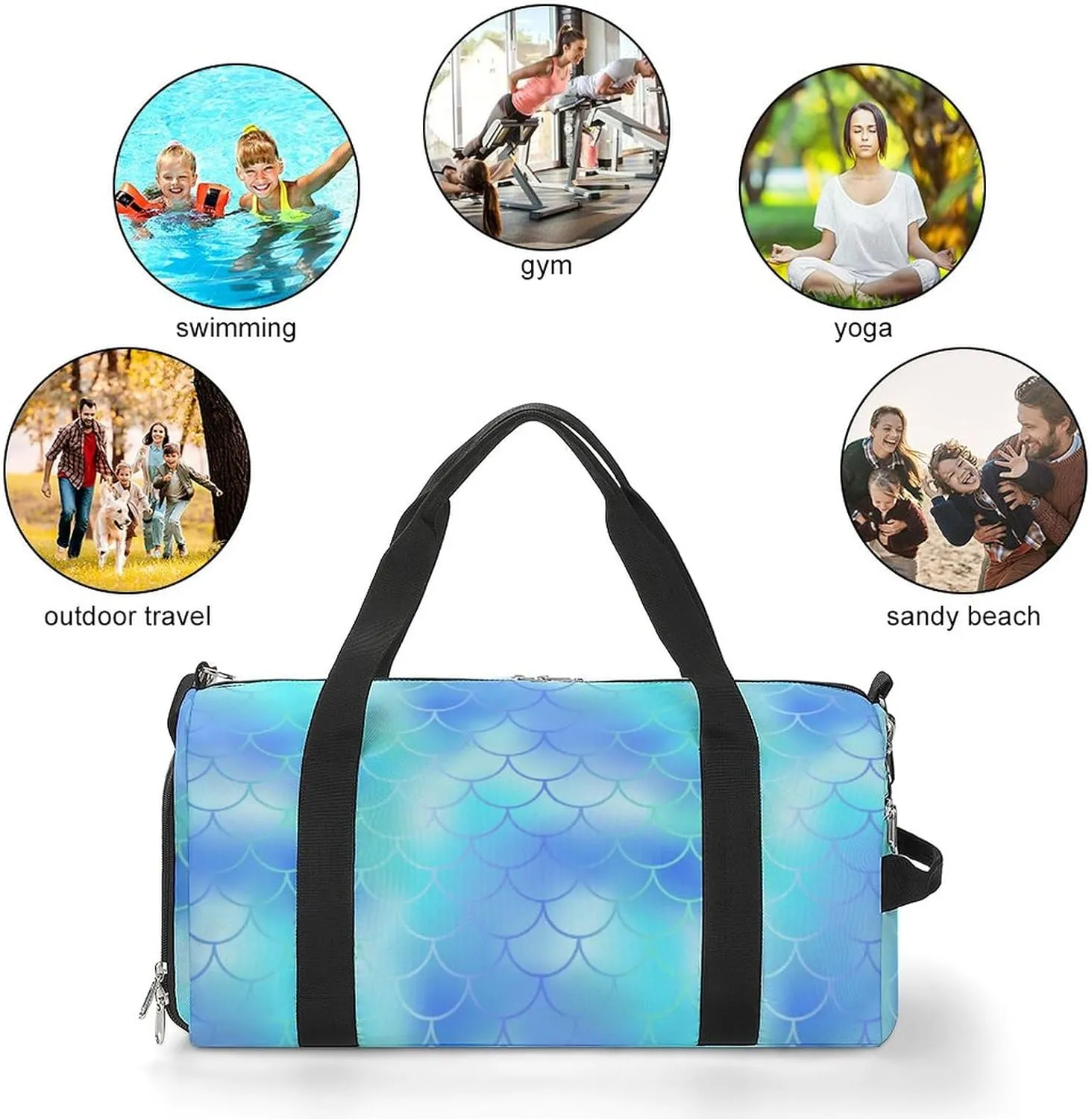 Blue Fish Skin Pattern Water Resistant Gym Bag with Shoe Compartment, Travel Duffel Tote Bag Weekender Overnight Bag for Women Men