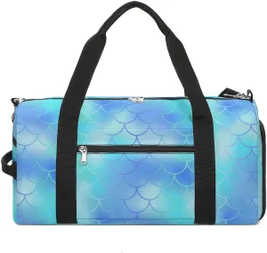 Blue Fish Skin Pattern Water Resistant Gym Bag with Shoe Compartment, Travel Duffel Tote Bag Weekender Overnight Bag for Women Men