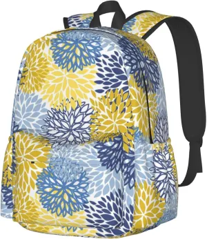 Blue Yellow And Navy Chrysanthemum Flowers Laptop Backpack For Men Women, Daisy Floral Lightweight Daypack Bookbag For Daily Commutes Business Travel Hiking