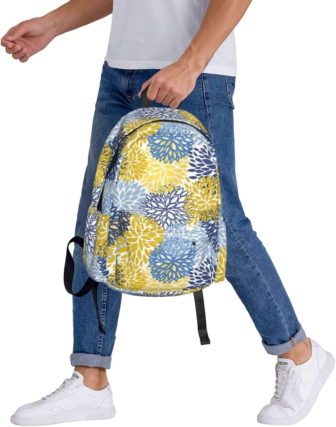 Blue Yellow And Navy Chrysanthemum Flowers Laptop Backpack For Men Women, Daisy Floral Lightweight Daypack Bookbag For Daily Commutes Business Travel Hiking