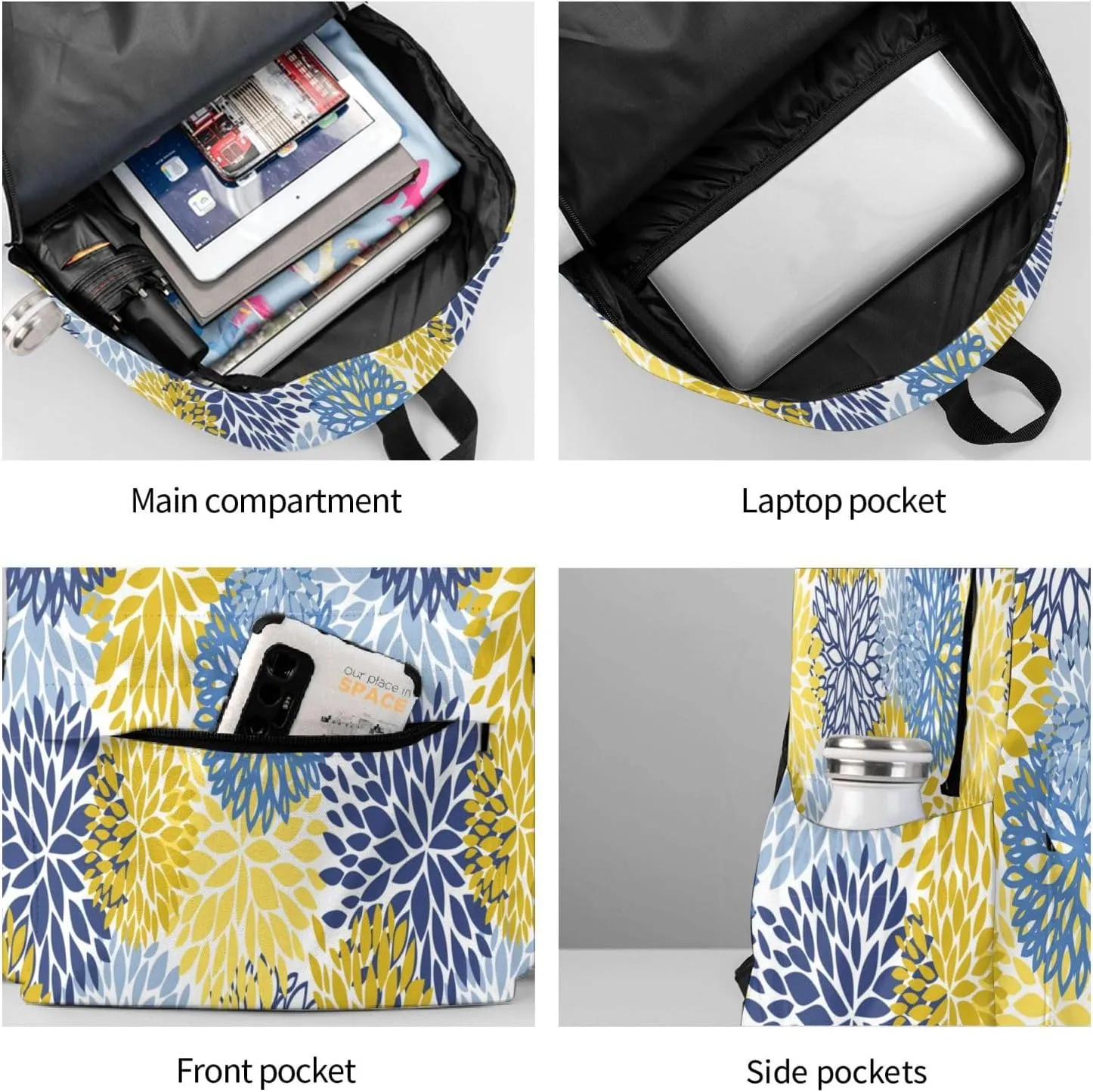 Blue Yellow And Navy Chrysanthemum Flowers Laptop Backpack For Men Women, Daisy Floral Lightweight Daypack Bookbag For Daily Commutes Business Travel Hiking
