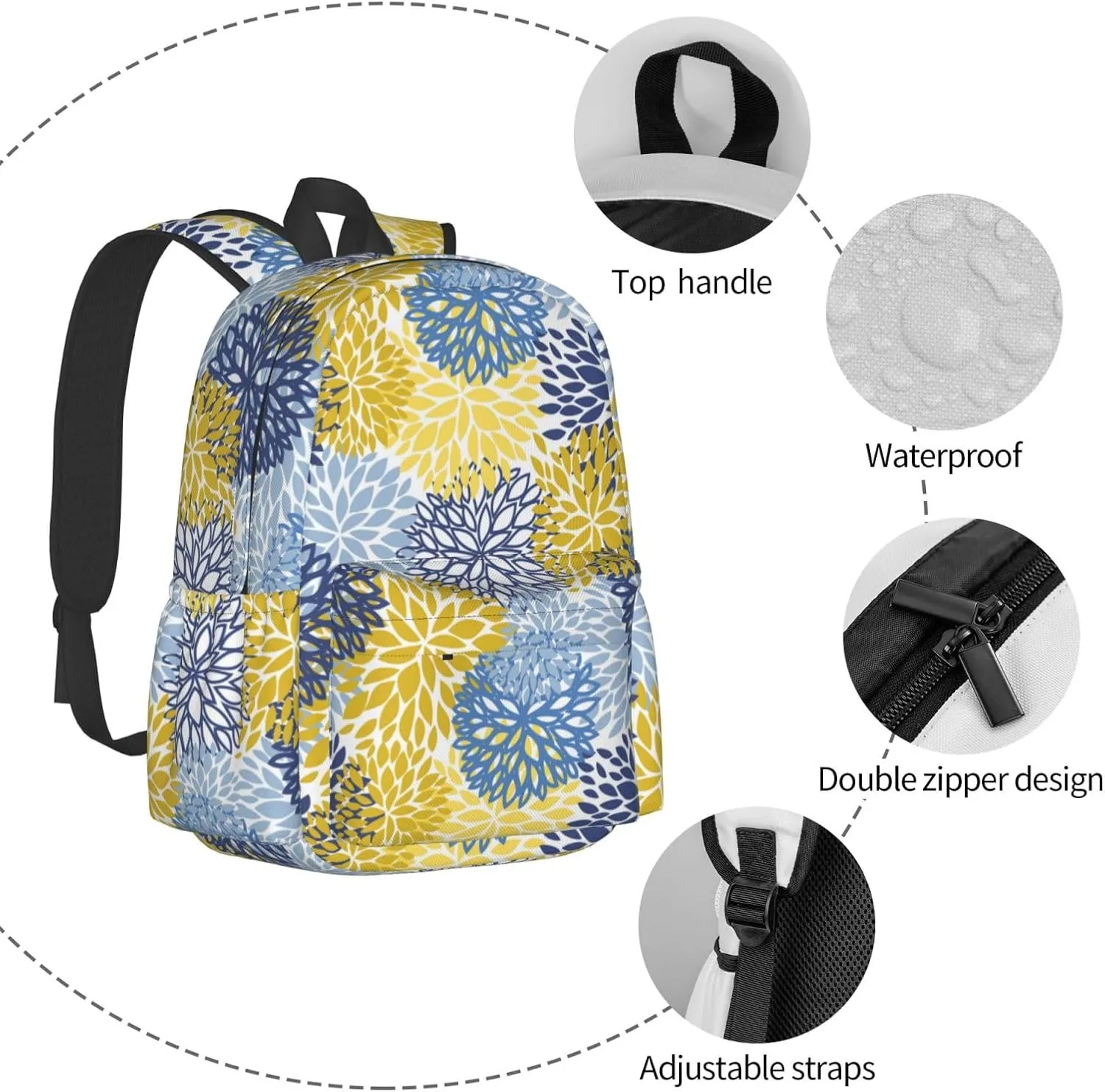 Blue Yellow And Navy Chrysanthemum Flowers Laptop Backpack For Men Women, Daisy Floral Lightweight Daypack Bookbag For Daily Commutes Business Travel Hiking