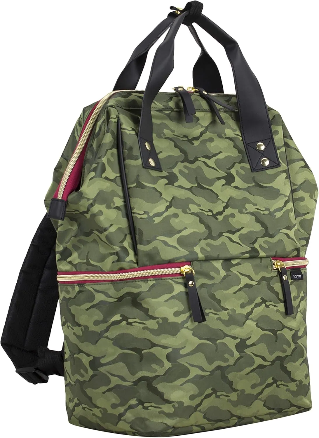 BODHI Doctor Bag Style Top Load Backpack Purse With Front Large Zipper Pockets, Green Camo/Black