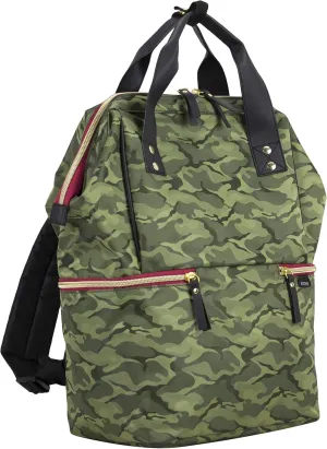 BODHI Doctor Bag Style Top Load Backpack Purse With Front Large Zipper Pockets, Green Camo/Black