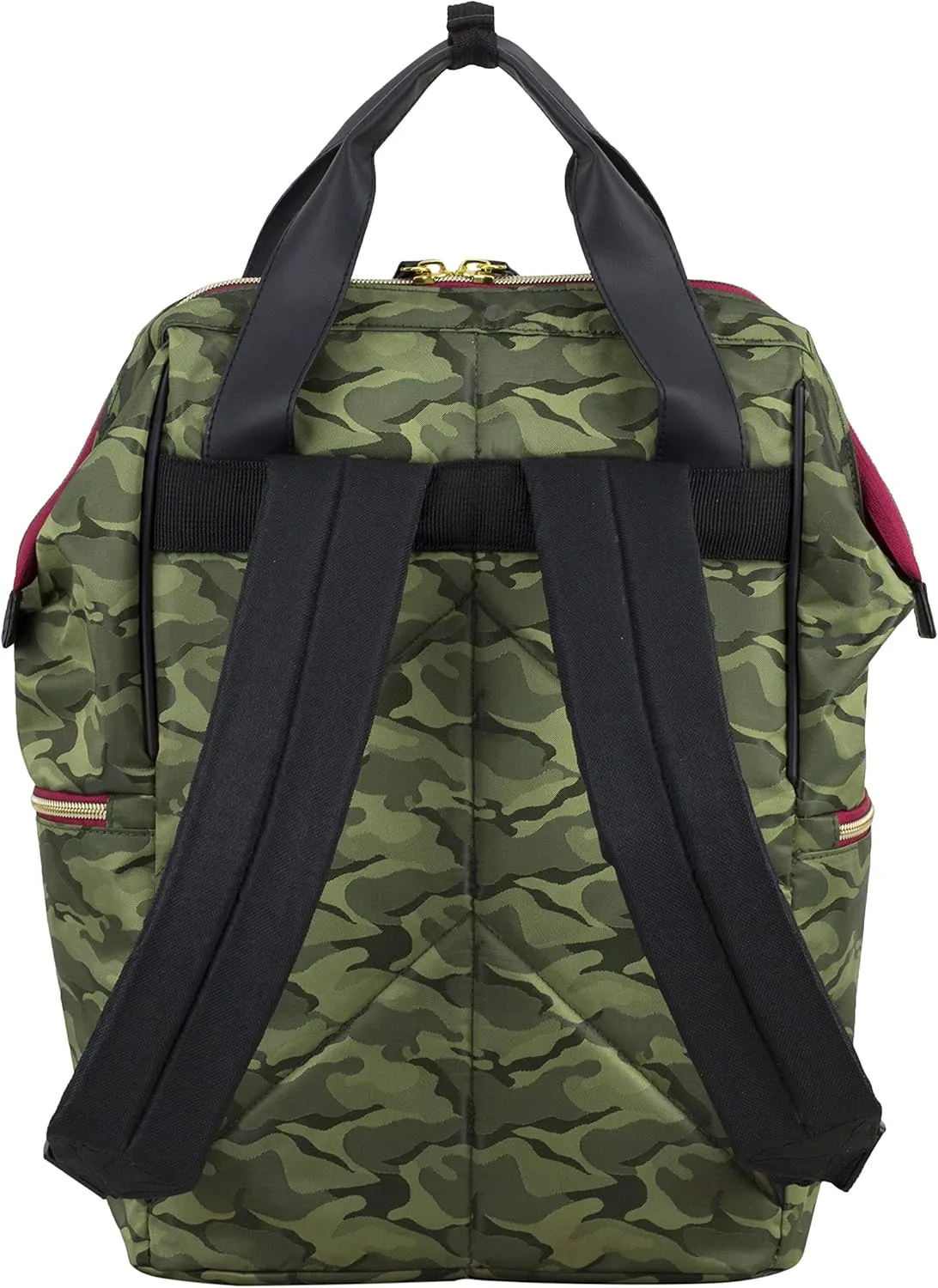 BODHI Doctor Bag Style Top Load Backpack Purse With Front Large Zipper Pockets, Green Camo/Black