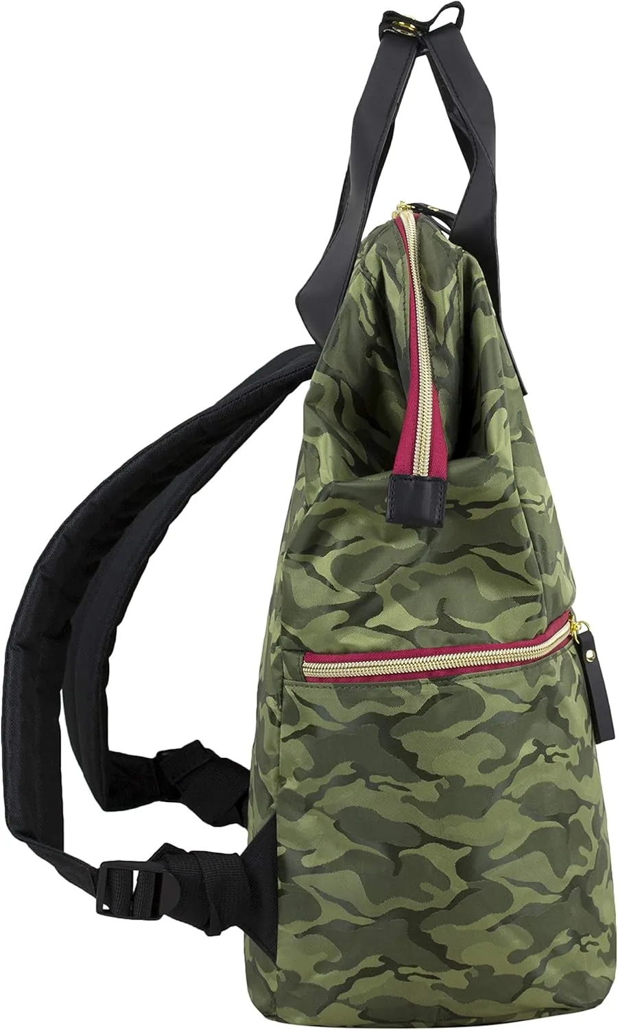 BODHI Doctor Bag Style Top Load Backpack Purse With Front Large Zipper Pockets, Green Camo/Black