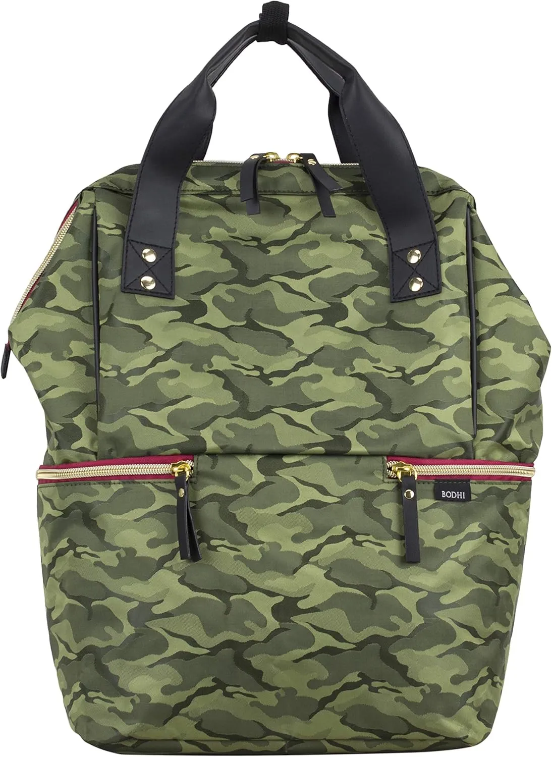 BODHI Doctor Bag Style Top Load Backpack Purse With Front Large Zipper Pockets, Green Camo/Black
