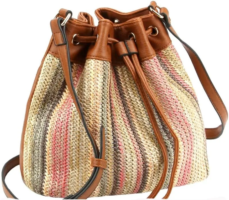 Boho Vegan Leather Multicolor Faux Straw Bucket Shoulder Bag Hobo Tote Crossbody Purse
