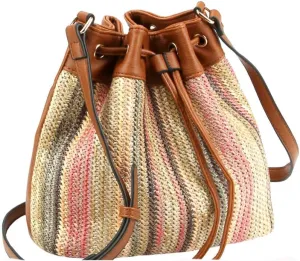 Boho Vegan Leather Multicolor Faux Straw Bucket Shoulder Bag Hobo Tote Crossbody Purse