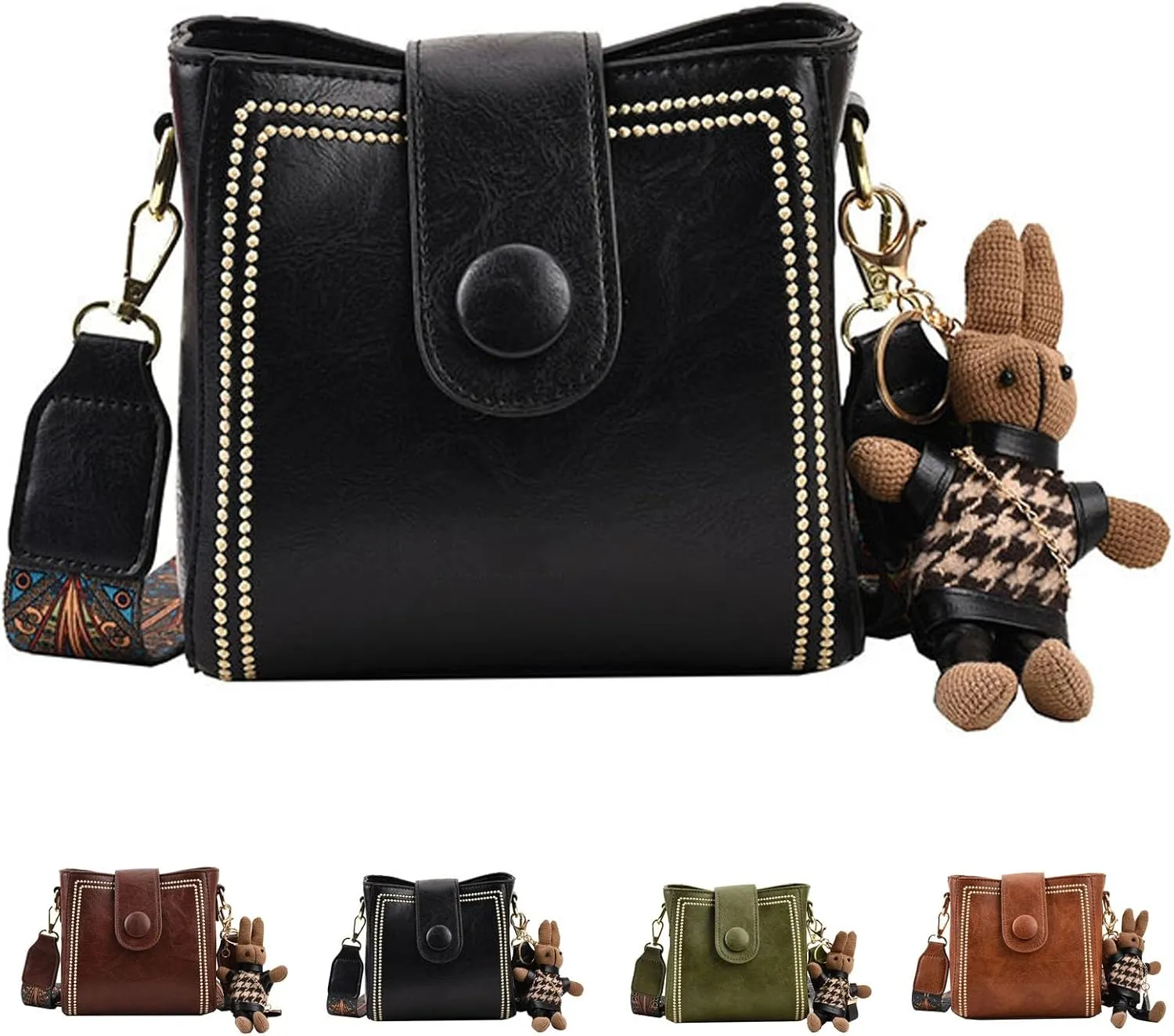 Bootara Bucket Bag, Women's Vintage Bunny Charm Bucket Bag, Bootara Crossbody Bag with Adjustable Wider Shoulder Strap