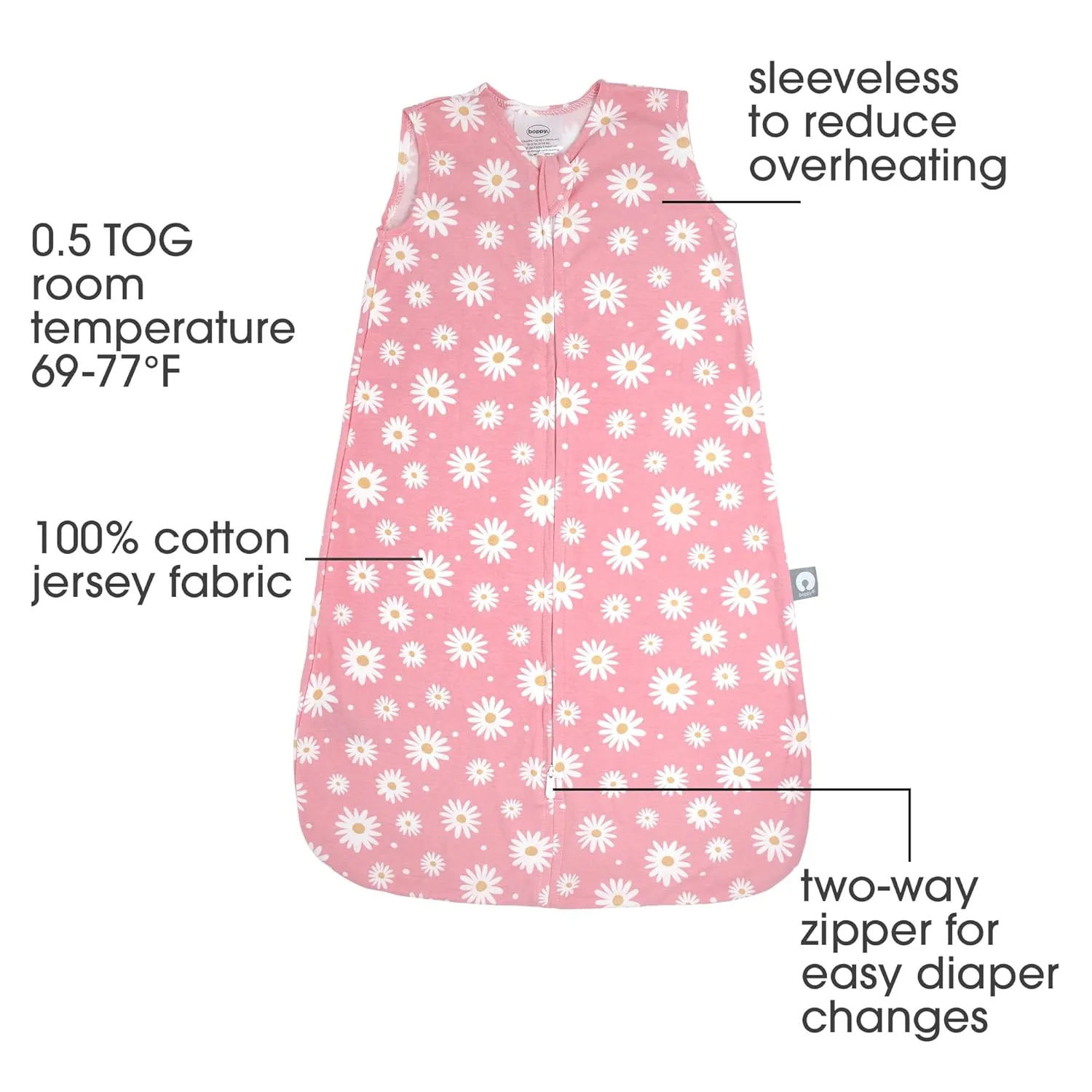 Boppy Baby Sleep Sack 12-18 Months, Wearable Blanket 0.5 TOG, 100% Cotton, 2-Way Zipper for Easy Diaper Changes, Baby Sleeping Bag, Machine Washable, Pink Fresh Daisies