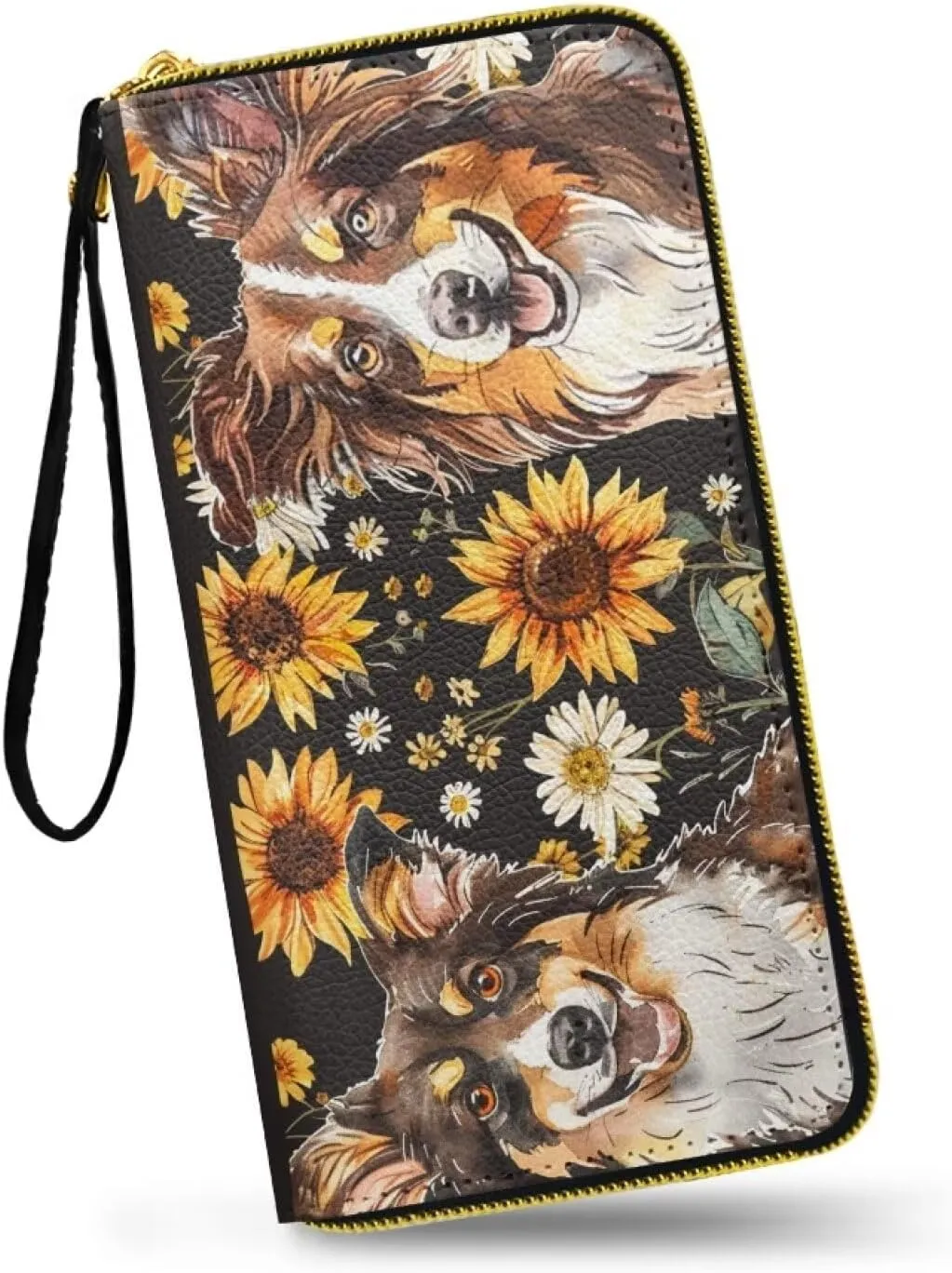 Border Collie Printed Women Wallet Slim, Sunflower Daisy Wristlet Wallets Lightweight Clutch Wallet with Grip Hand Strap, Portable Travel Purse Leather Wallets for Women Phone, Brown