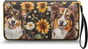 Border Collie Printed Women Wallet Slim, Sunflower Daisy Wristlet Wallets Lightweight Clutch Wallet with Grip Hand Strap, Portable Travel Purse Leather Wallets for Women Phone, Brown
