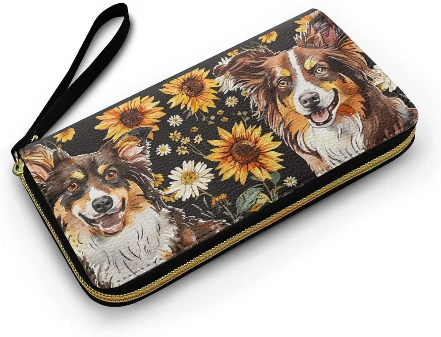 Border Collie Printed Women Wallet Slim, Sunflower Daisy Wristlet Wallets Lightweight Clutch Wallet with Grip Hand Strap, Portable Travel Purse Leather Wallets for Women Phone, Brown