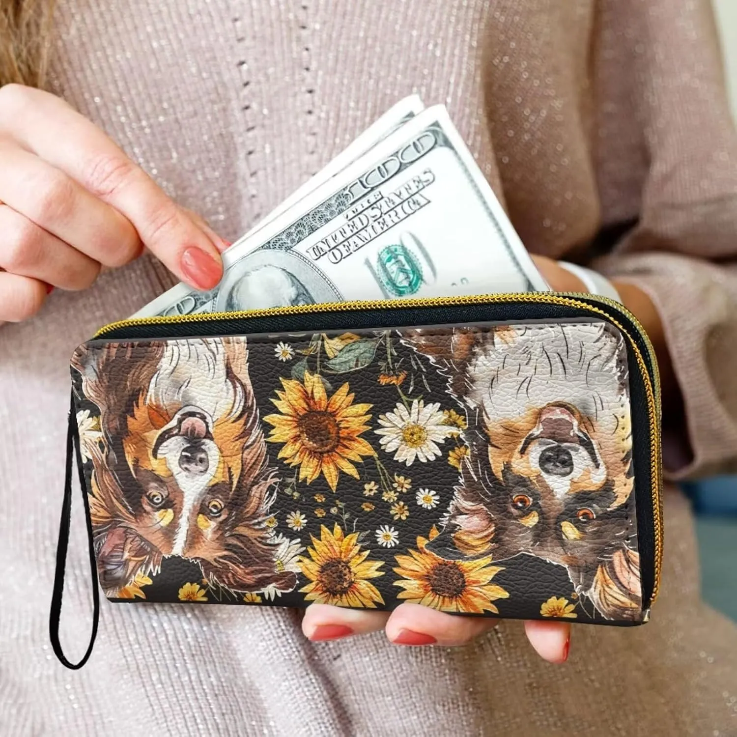 Border Collie Printed Women Wallet Slim, Sunflower Daisy Wristlet Wallets Lightweight Clutch Wallet with Grip Hand Strap, Portable Travel Purse Leather Wallets for Women Phone, Brown