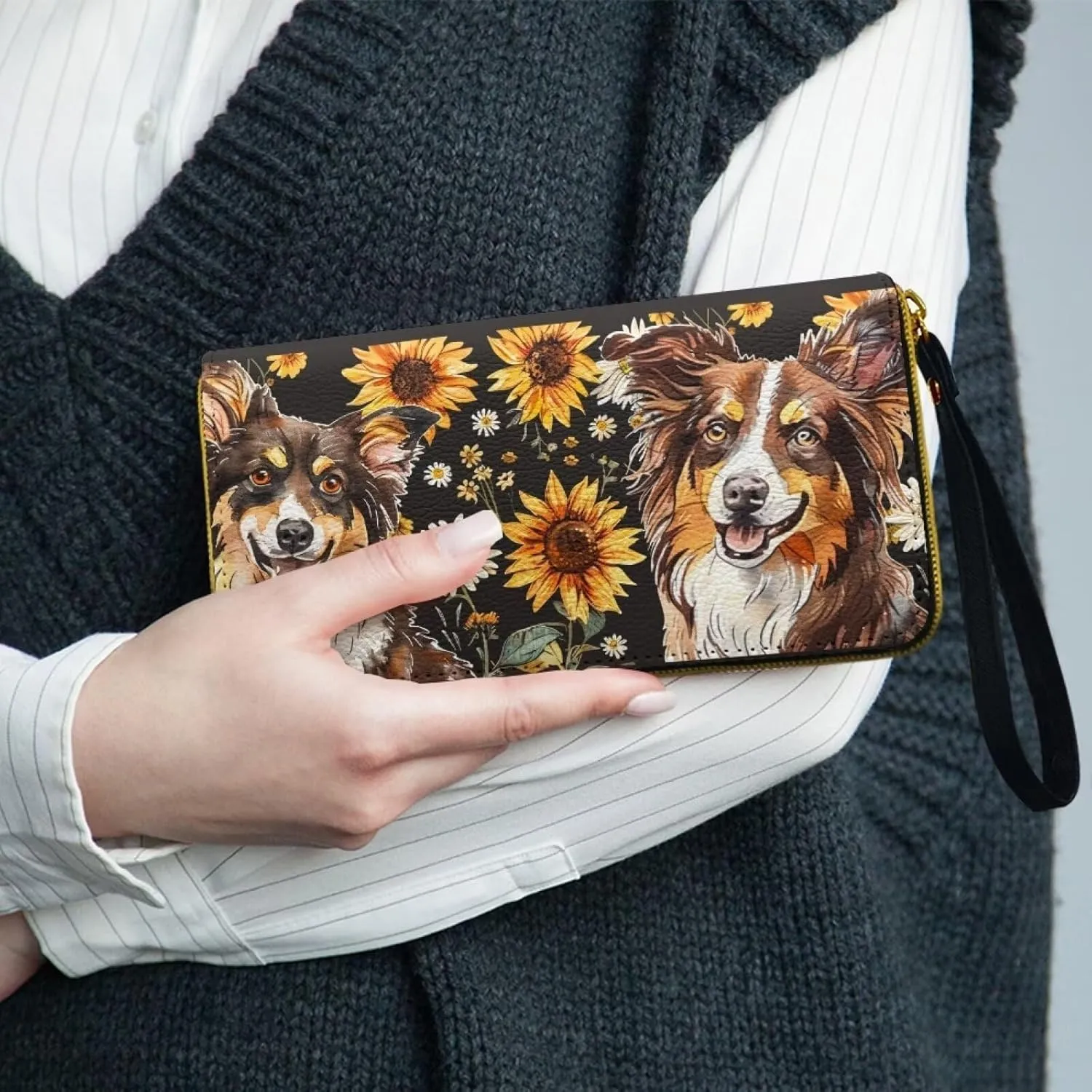 Border Collie Printed Women Wallet Slim, Sunflower Daisy Wristlet Wallets Lightweight Clutch Wallet with Grip Hand Strap, Portable Travel Purse Leather Wallets for Women Phone, Brown