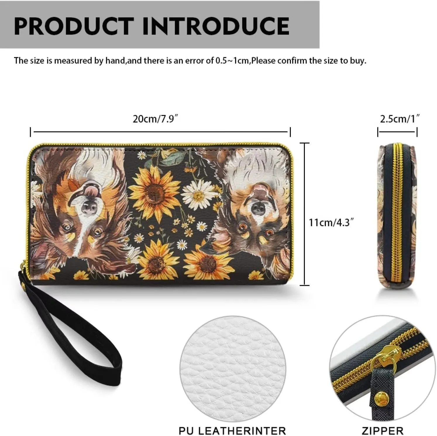 Border Collie Printed Women Wallet Slim, Sunflower Daisy Wristlet Wallets Lightweight Clutch Wallet with Grip Hand Strap, Portable Travel Purse Leather Wallets for Women Phone, Brown