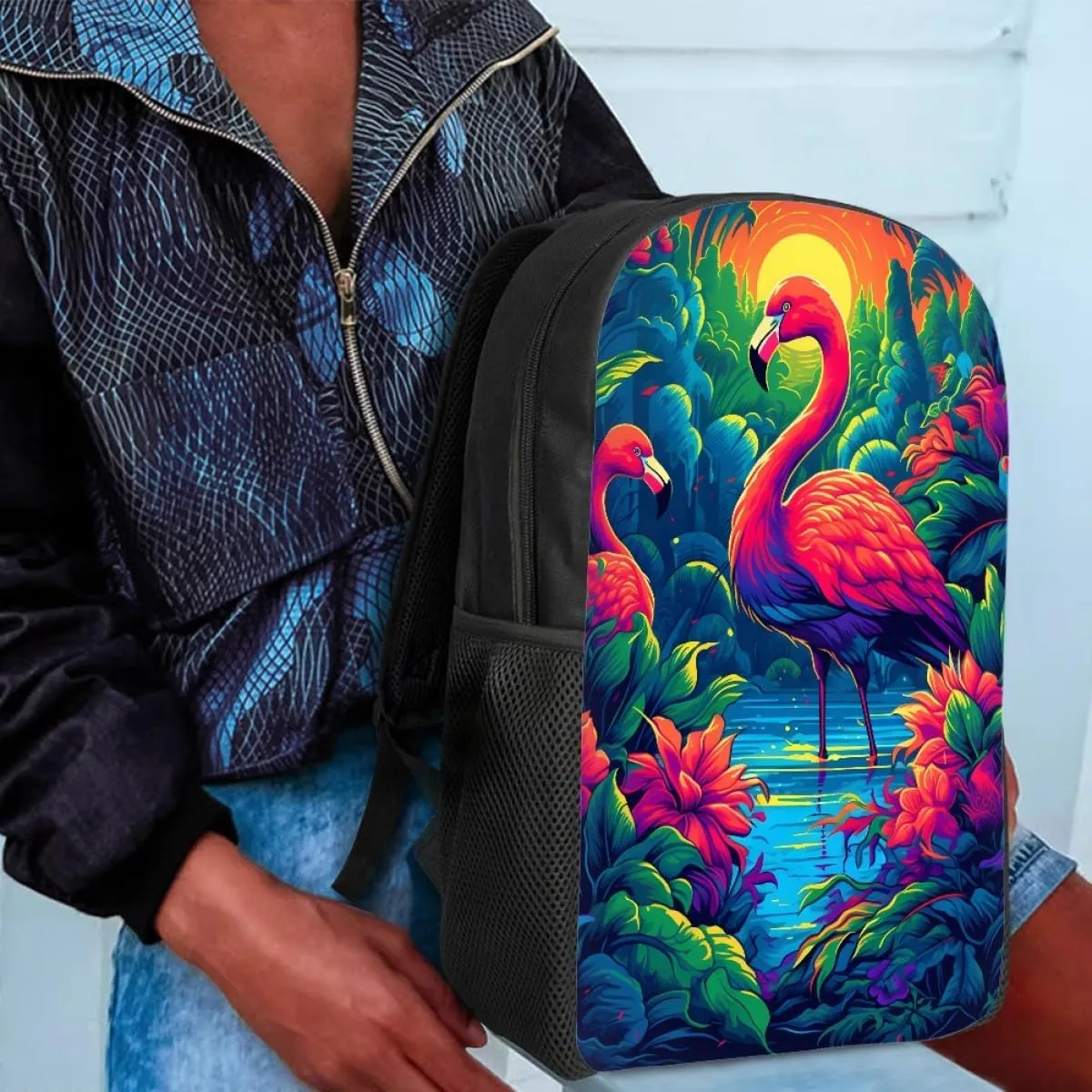 Boy Girl Tropic Hawaiian Flamingo Backpack Shoulder Bags Rucksack Satchel with Adjustable Shoulder Strap,Sunset Flamingo