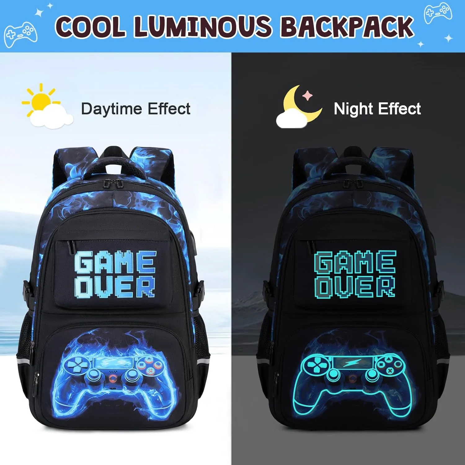 Boys Backpack for School, 3PCS Cool Luminous Backpack for Boys with Lunch Bag Pencil Case, Kids School Bookbag Teen Boys Backpacks for Kindergarten Elementary Middle School