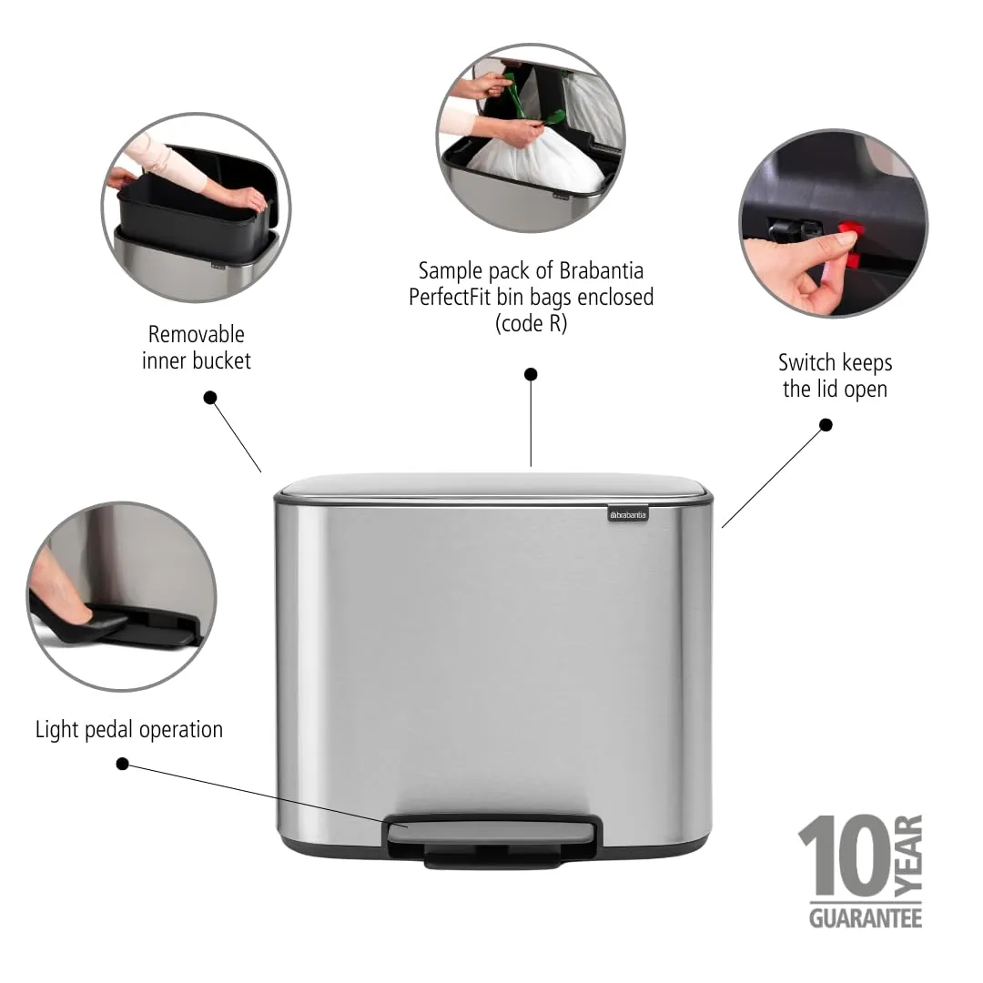 Brabancia 121487 Pedal Trash Can, FPP Mat, 36 Liters, BO Dust Box, Soft Closing, Made in Belgiu