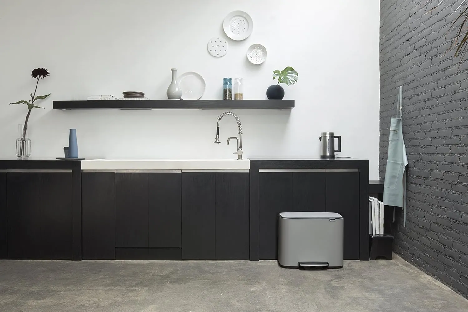Brabantia Bo Step-On Pedal Trash Can - 9.5 Gal Inner Bucket (Mineral Concrete Gray) Waste/Recycling Garbage Can, Removable Compartments   Free Bags