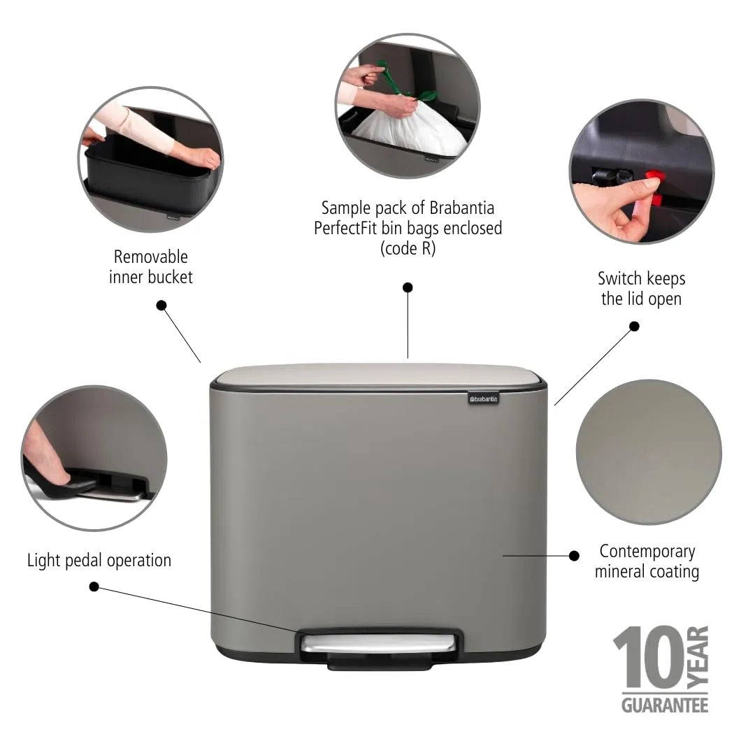Brabantia Bo Step-On Pedal Trash Can - 9.5 Gal Inner Bucket (Mineral Concrete Gray) Waste/Recycling Garbage Can, Removable Compartments   Free Bags