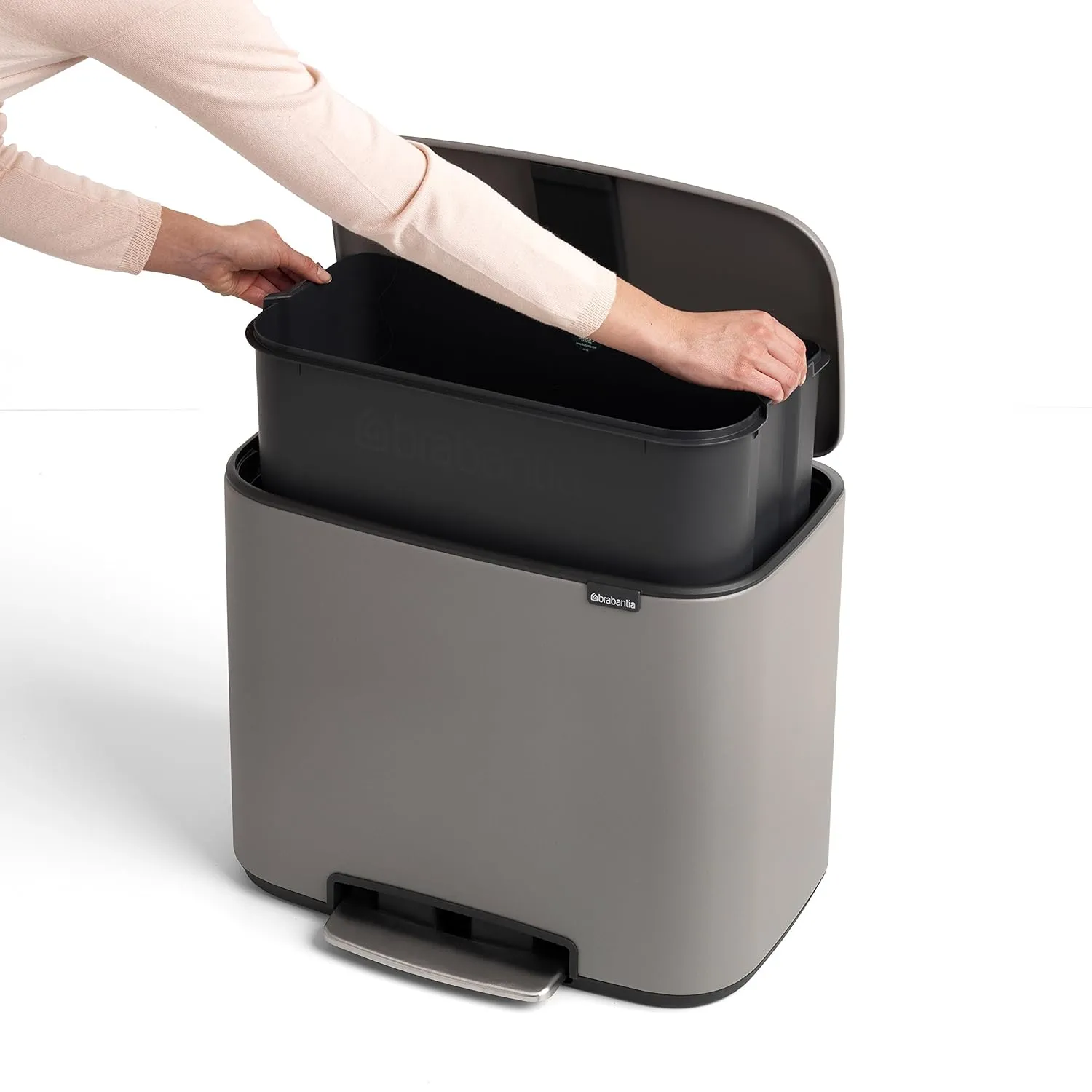 Brabantia Bo Step-On Pedal Trash Can - 9.5 Gal Inner Bucket (Mineral Concrete Gray) Waste/Recycling Garbage Can, Removable Compartments   Free Bags